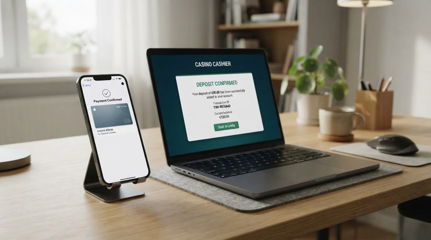 iPhone s Apple Pay notifikací a casino cashier rozhraním na obrazovce