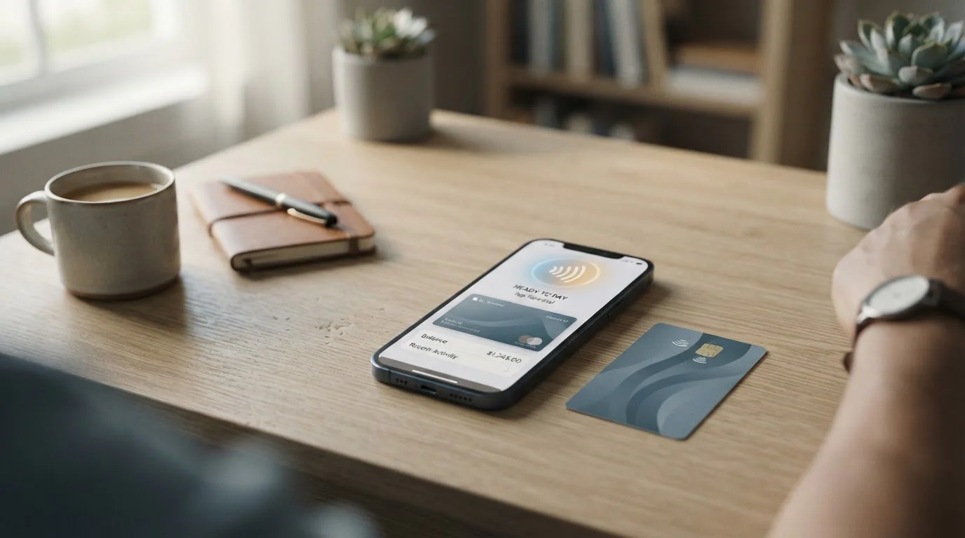 Smartphone s Apple Pay a Google Pay ikonami vedle symbolické karty