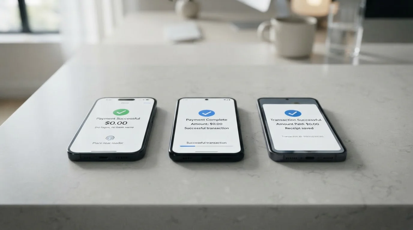 Tři mobilní telefony vedle sebe zobrazující Apple Pay, Google Pay a NeteraPay platba interfaces s neutrálními platebními obrazovkami bez konkrétních značek