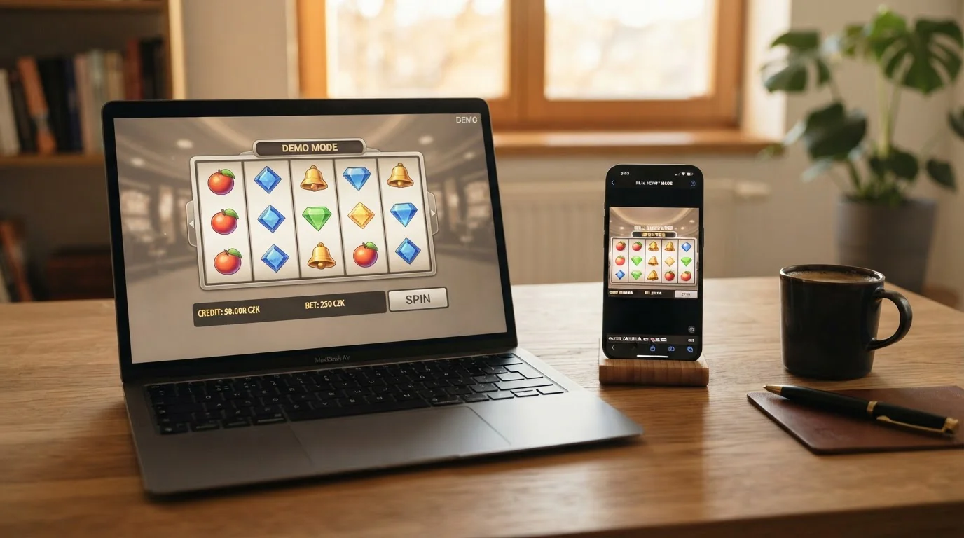 Notebook s otevřeným online automatem zobrazujícím demo režim vedle smartphone s real money sázkou