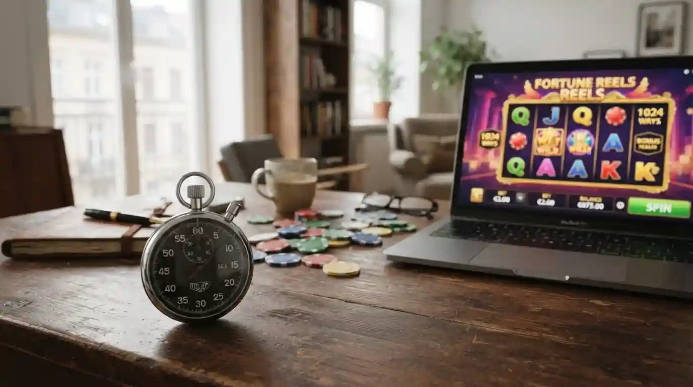 Pracovní stůl s rozloženými herními žetony, notebookem zobrazujícím otevřený slot game a stopkami měřícími čas