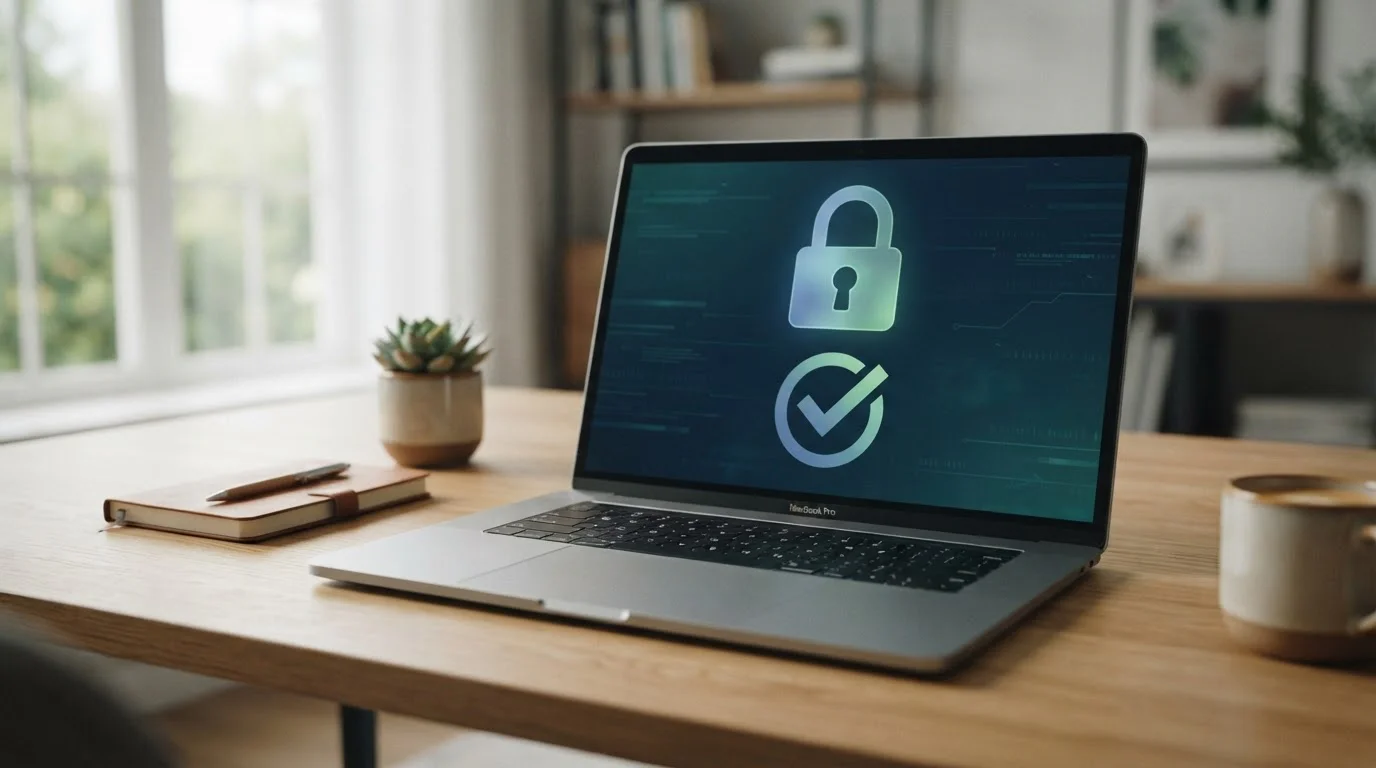 Notebook s bezpečným zámkem a symbolem ověřené platby