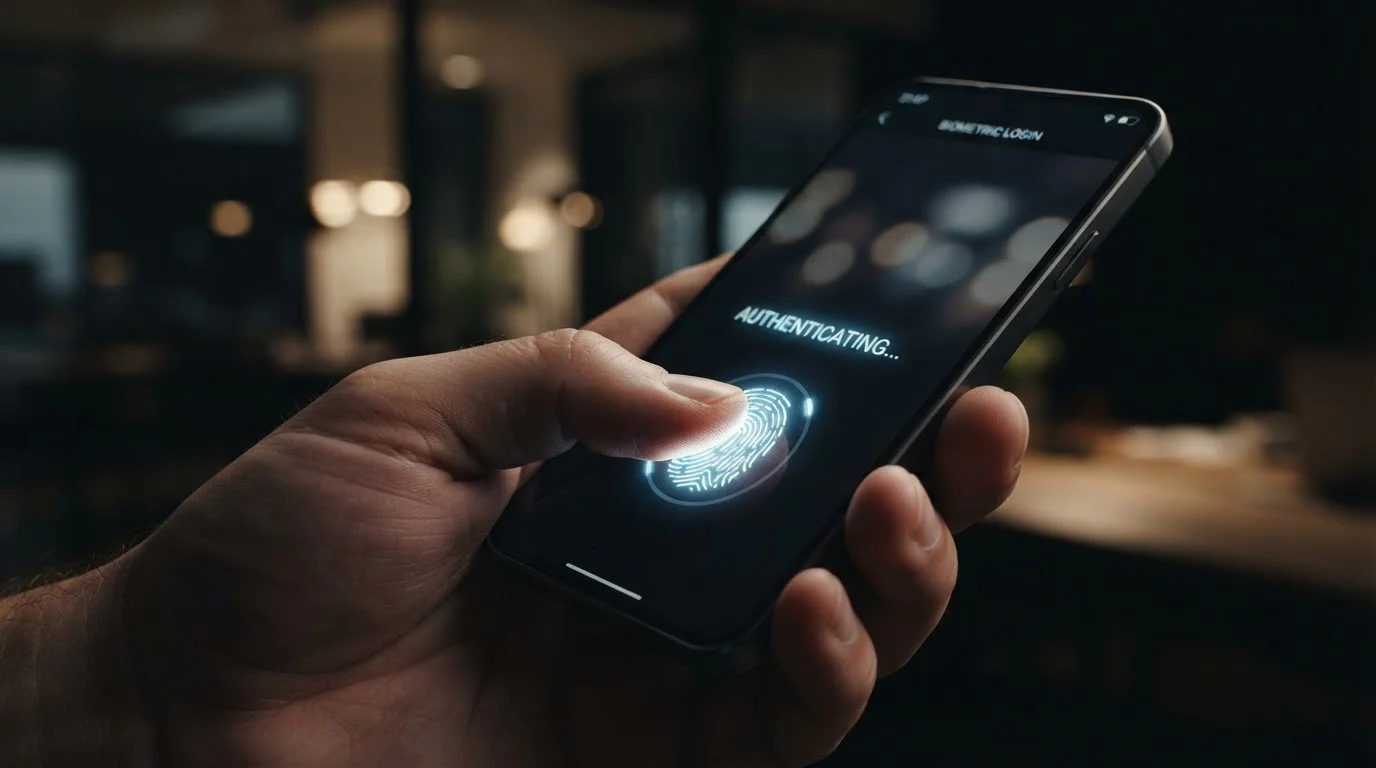 Detail prstu na smartphone obrazovce s biometrickou autentizací