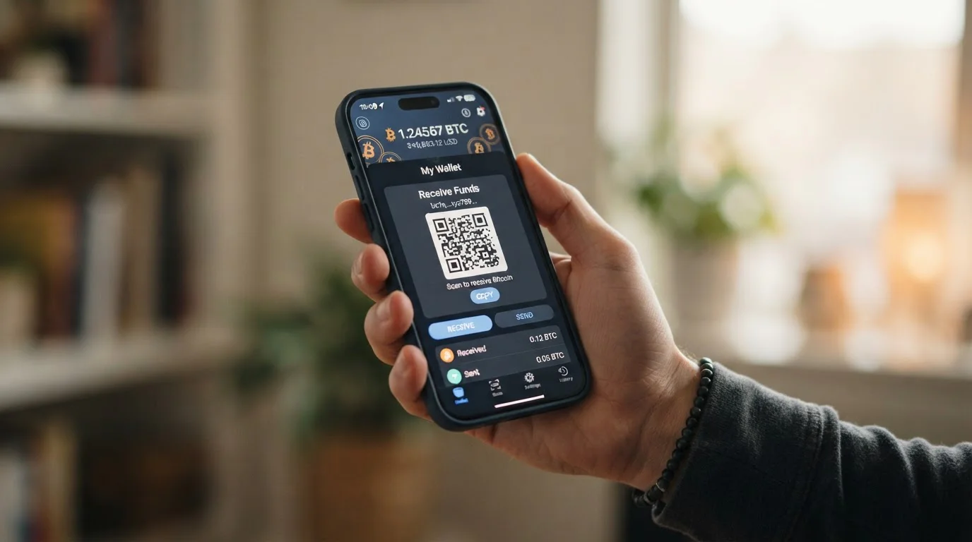 Bitcoin peněženku na mobilním telefonu s QR kódem pro vklad