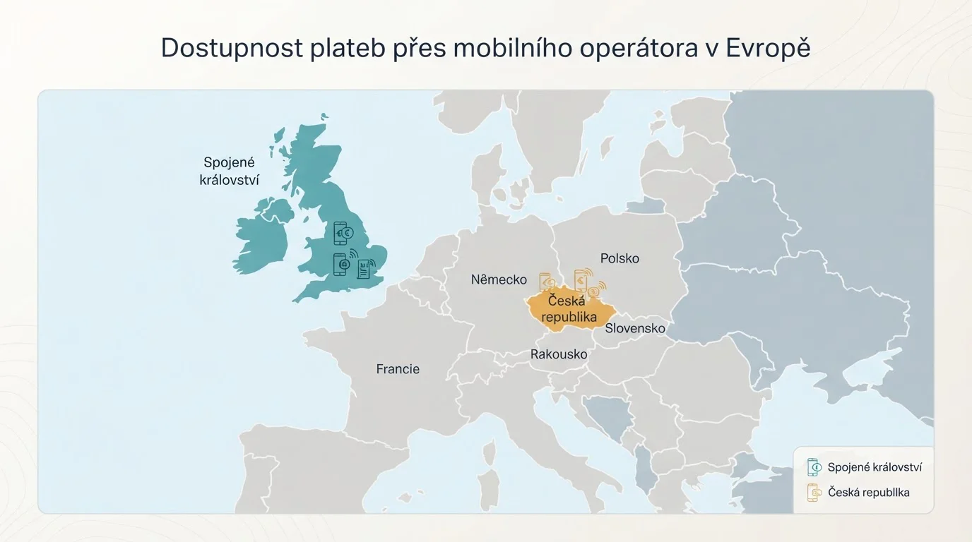 Mapa Evropy s označením UK a ČR ukazující rozdíl v dostupnosti carrier billing