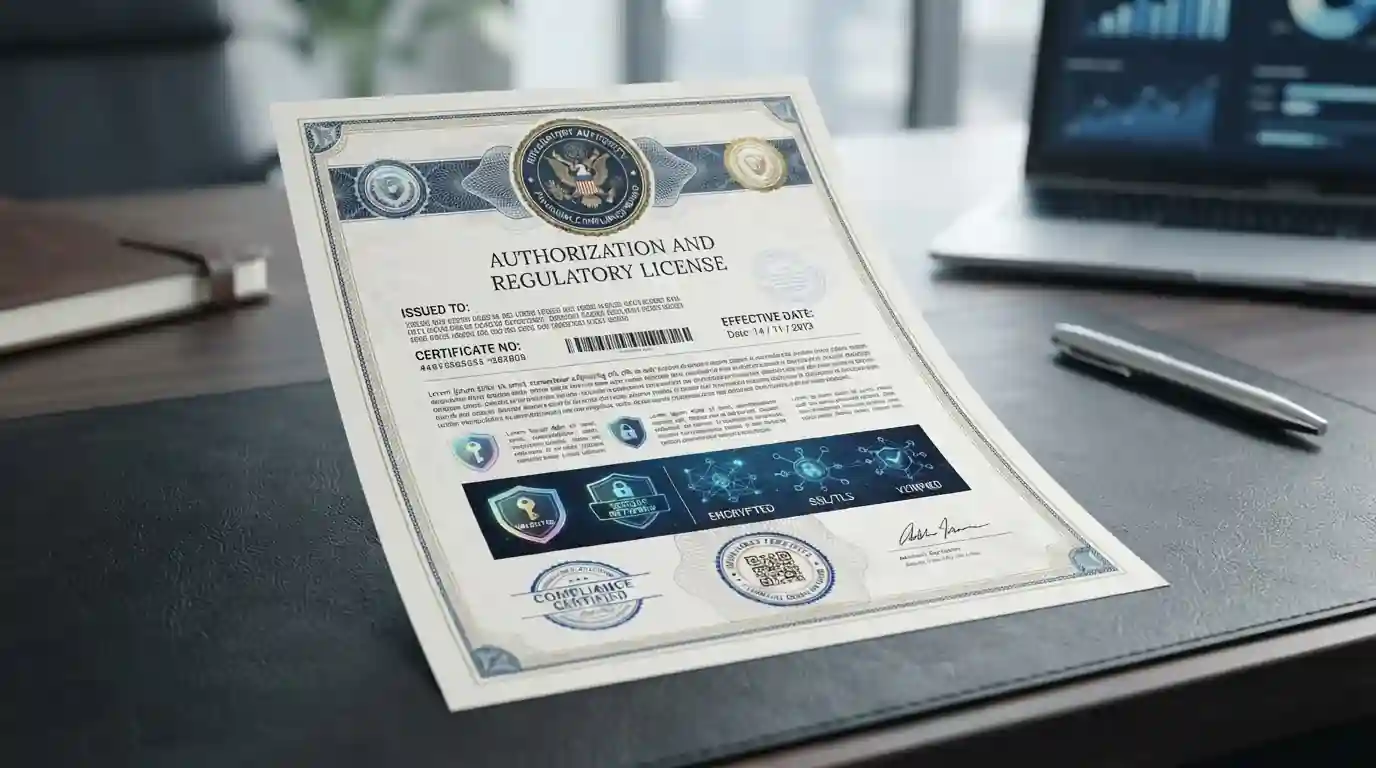 FCA licence dokument a bezpečnostní symboly