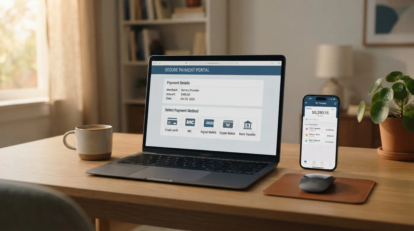 Laptop s otevřeným bankovním rozhraním a smartphone s mobilní aplikací
