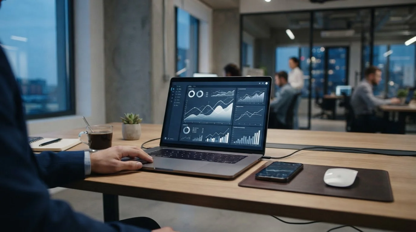Laptop a smartphone s finančními grafy a platebními rozhraními budoucnosti