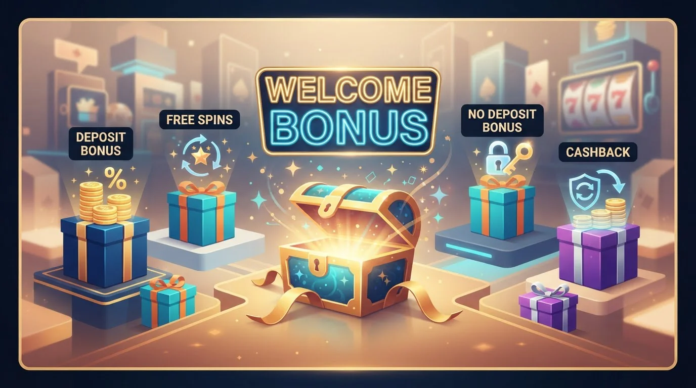 Vizualizace různých typů casino bonusů včetně free spinů a vkladových bonusů s podmínkami protočení