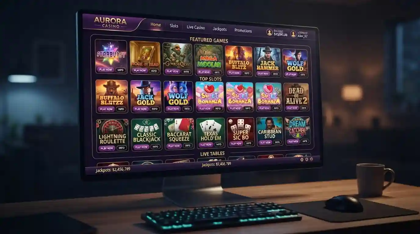 Výběr online casino her včetně automatů, rulety a blackjacku s různými minimálními sázkami