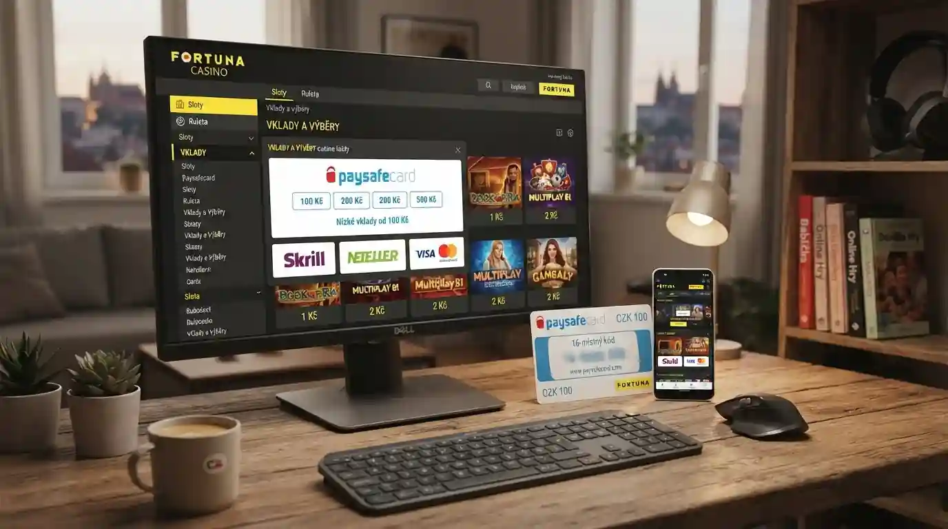 České online casino s minimálním vkladem 100 korun — monitor zobrazující casino lobby s nízkými vklady, paysafecard kupón a mobilní telefon