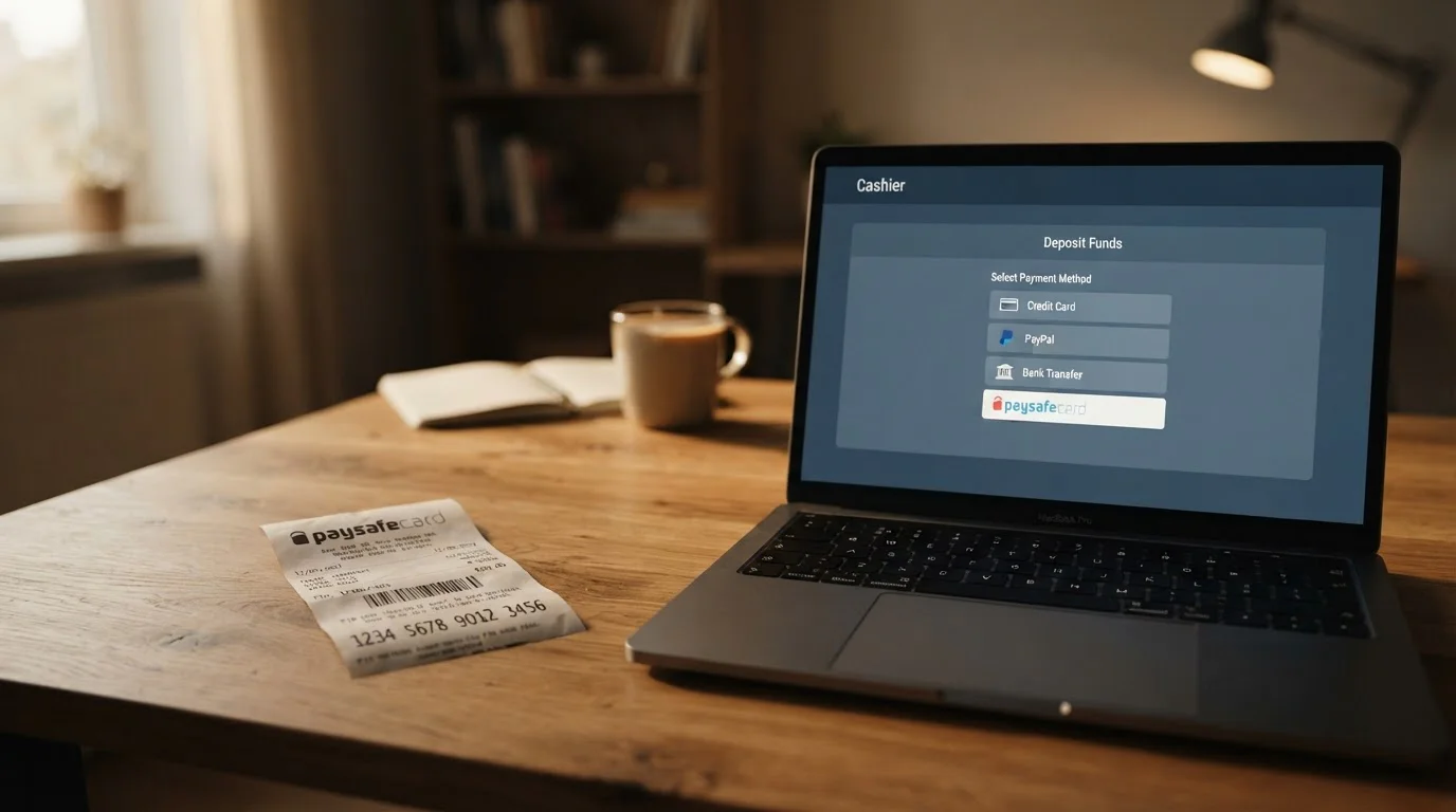 Paysafecard kupón s PIN kódem na stole vedle notebooku s otevřenou casino pokladnou