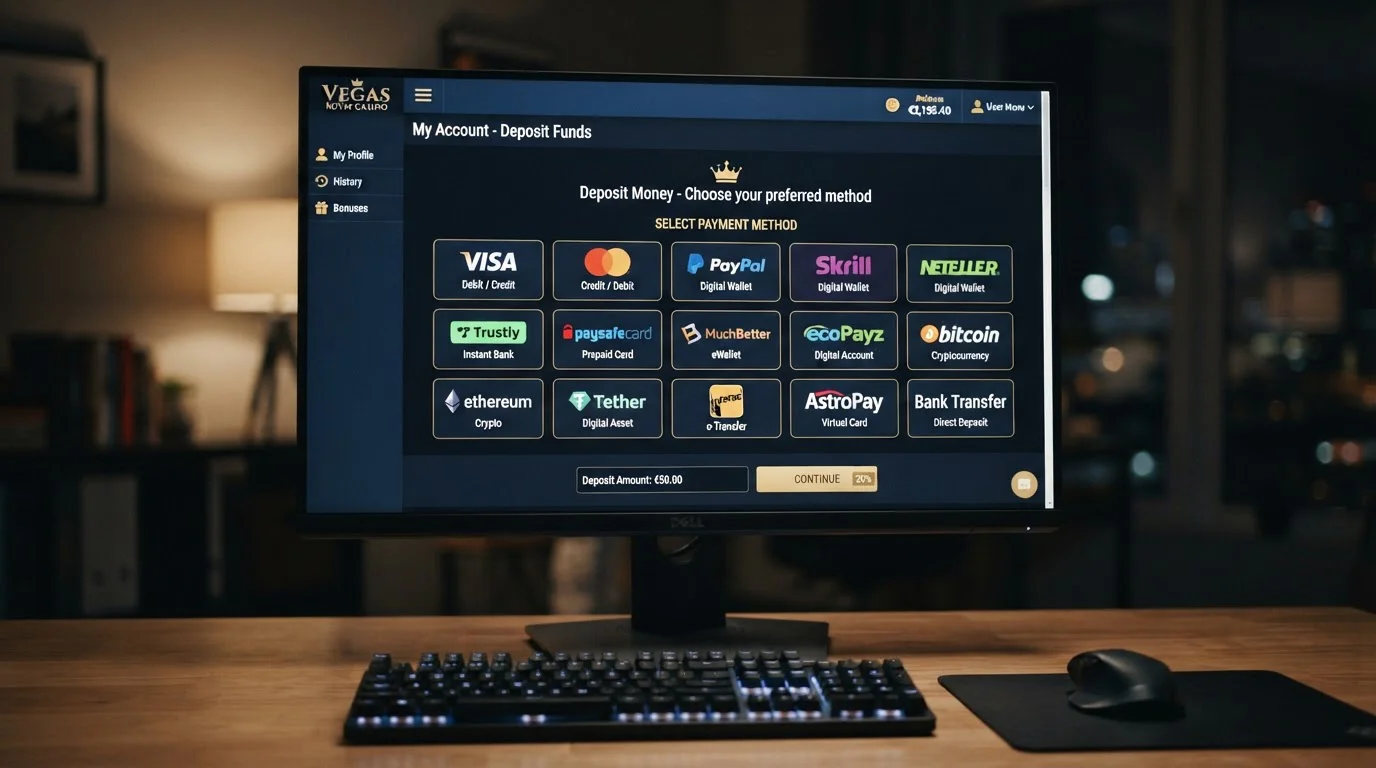 Detailní pohled na casino rozhraní na monitoru s vyznačenou sekcí platebních metod včetně NeteraPay ikony