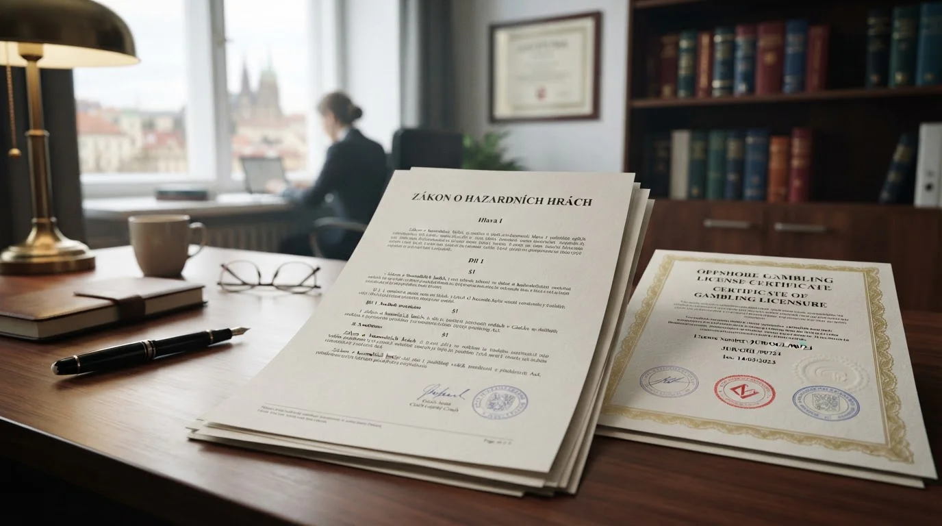 Dokument s českým zákonem o hazardních hrách a offshore licenčními razítky