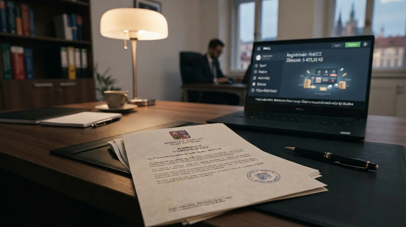 České casino s licencí MFČR — úřední dokument s pečetí Ministerstva financí, logo Chance a Tipsport casino na monitoru