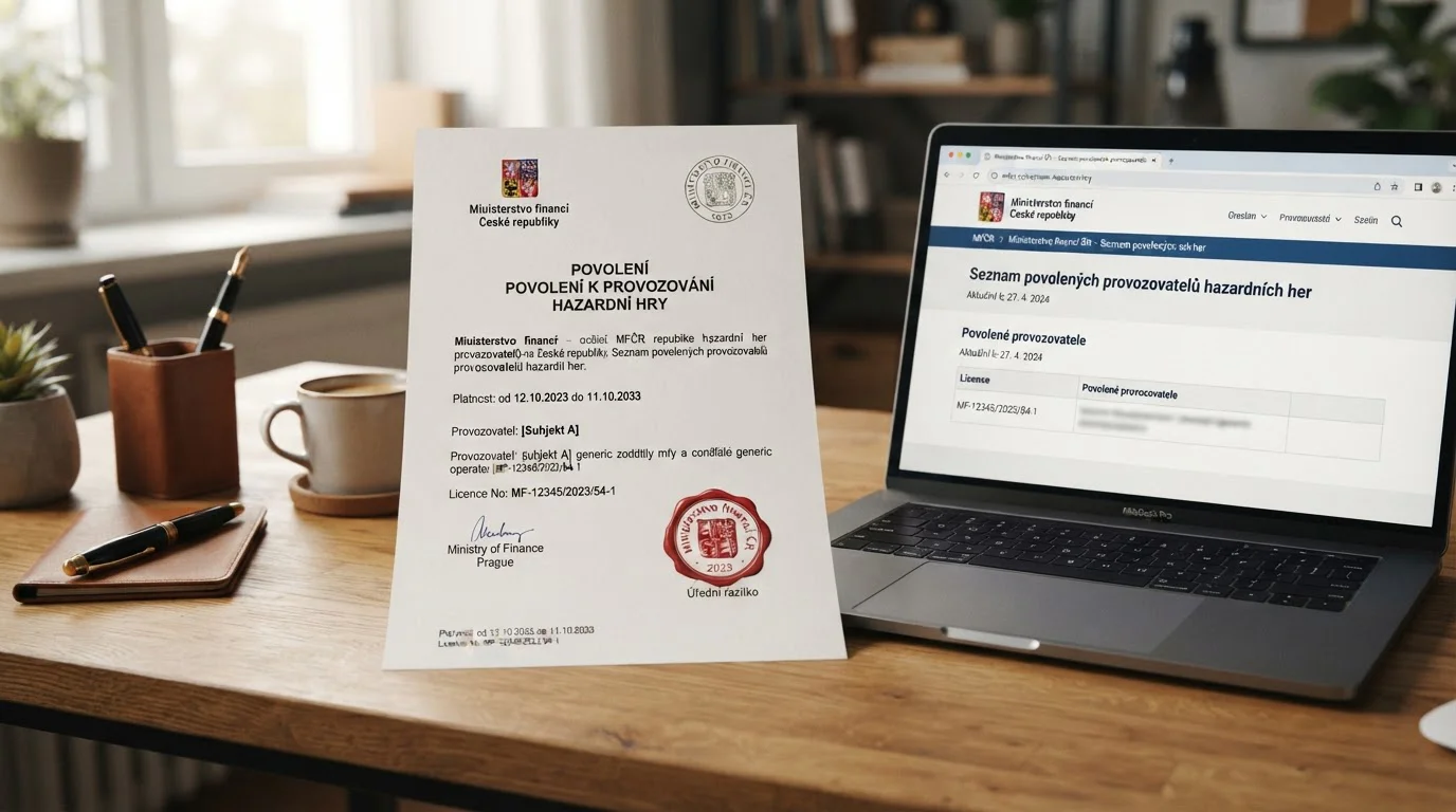 Oficiální dokument s pečetí Ministerstva financí ČR a whitelist na obrazovce notebooku
