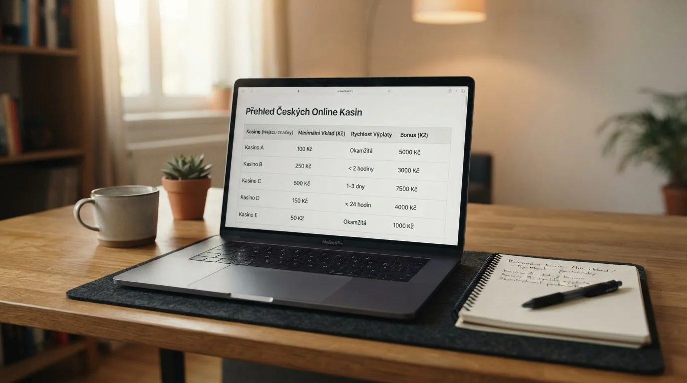 Srovnání tabulky českých online casin s licencí MFČR na notebooku