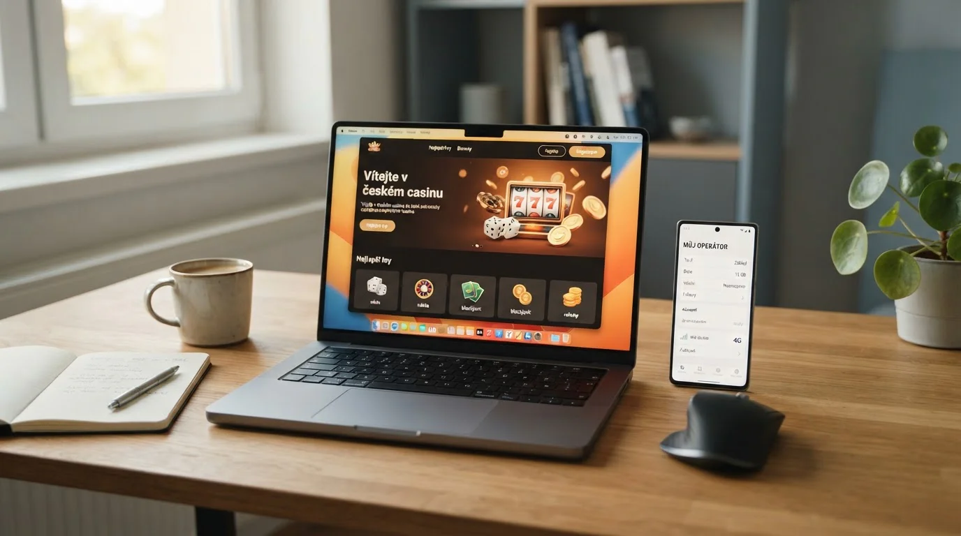 Notebook s otevřeným českým online casino a smartphone s T-Mobile aplikací vedle