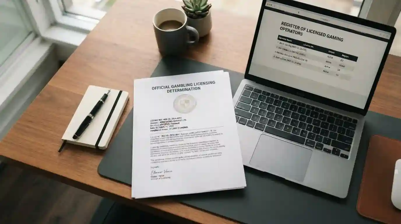 Oficiální dokument s logem Ministerstva financí ČR a textem o hazardních hrách licence, vedle notebook s otevřeným seznamem licencovaných operátorů