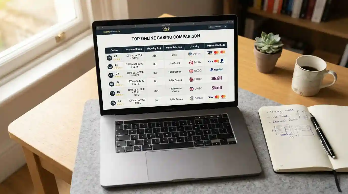 Porovnání šesti českých online kasin na notebooku, každé s viditelnou licencí MFČR a platebními ikonami Visa Mastercard