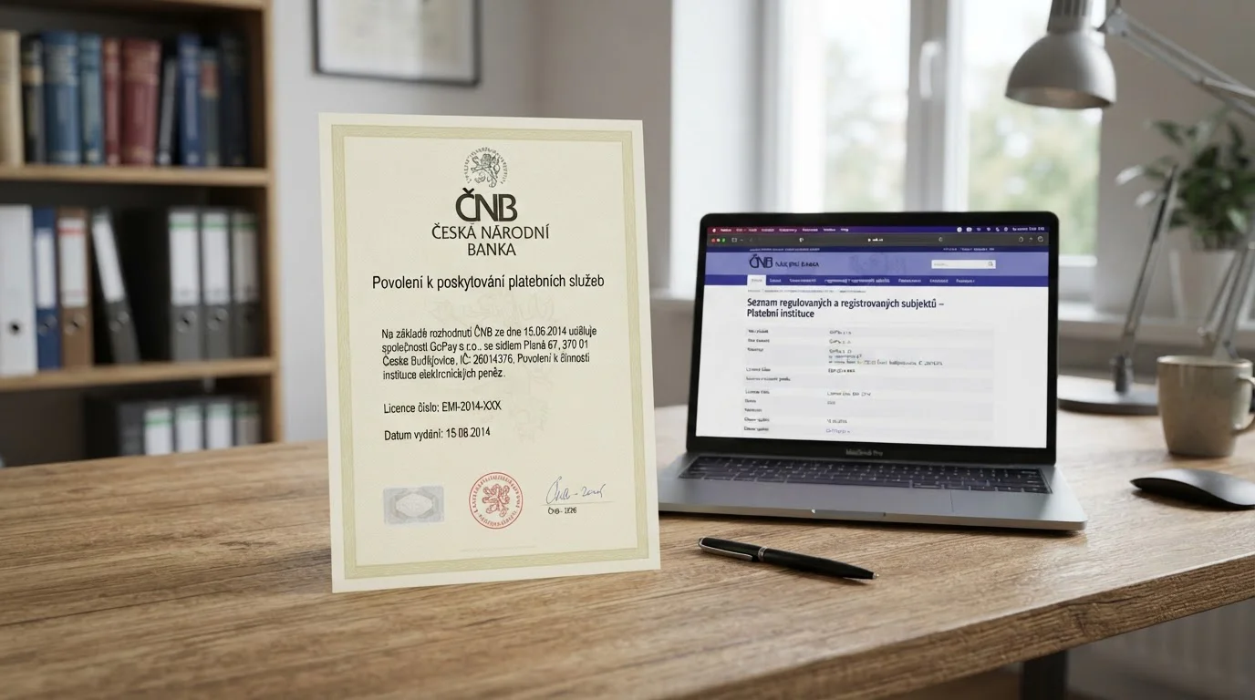 Oficiální dokument licence ČNB pro GoPay s.r.o. s viditelným razítkem a datem vydání