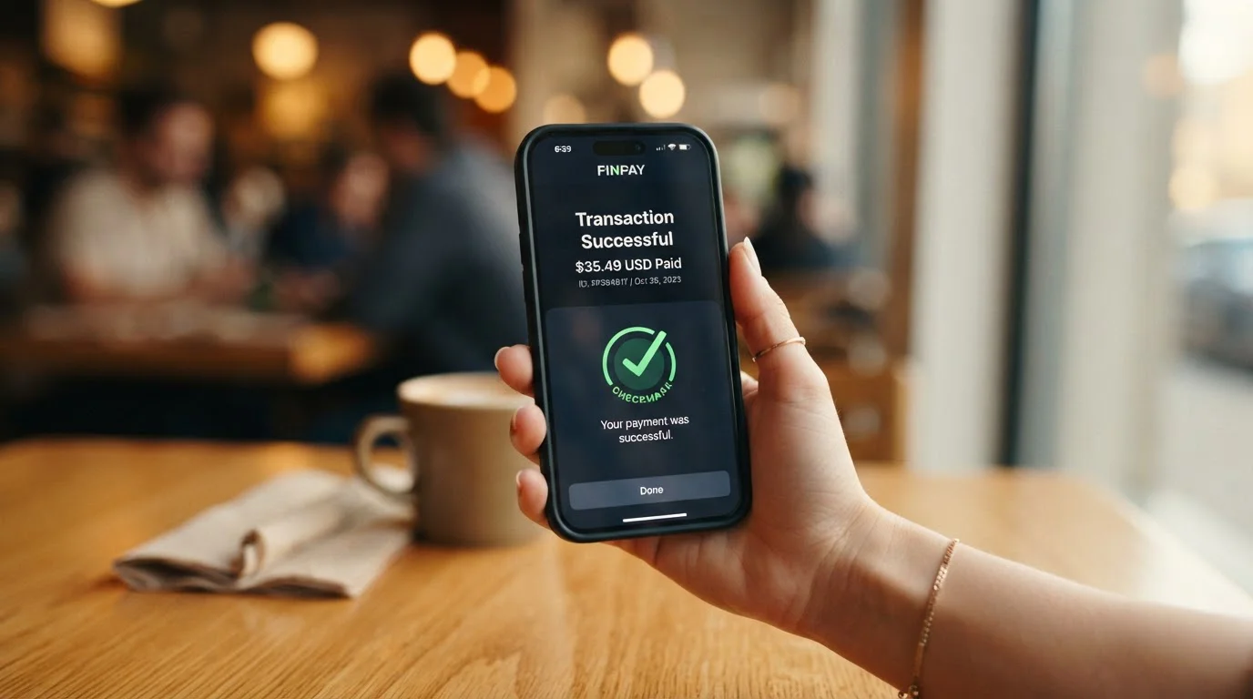 Detailní záběr na smartphone s ecoPayz mobilní aplikací a notifikací o úspěšné transakci