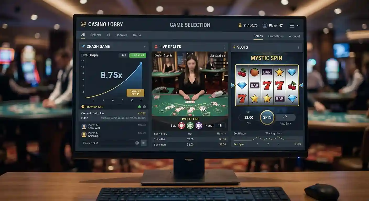 Screenshot herního portfolia s provably fair hrami a live casino stoly