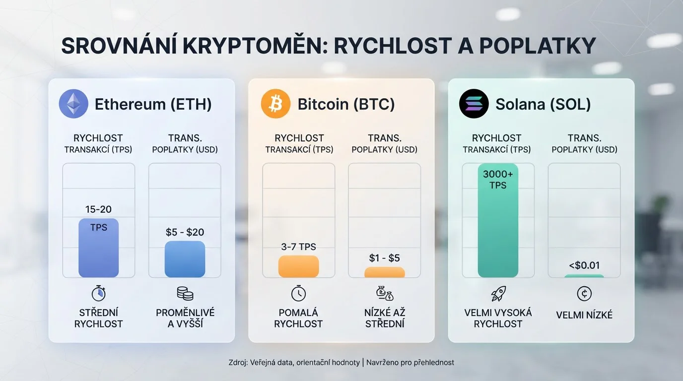 Grafické srovnání rychlosti a poplatků různých kryptoměn