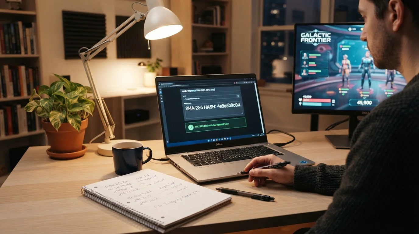 Notebook s otevřeným kryptografickým hash kalkulátorem vedle herního rozhraní