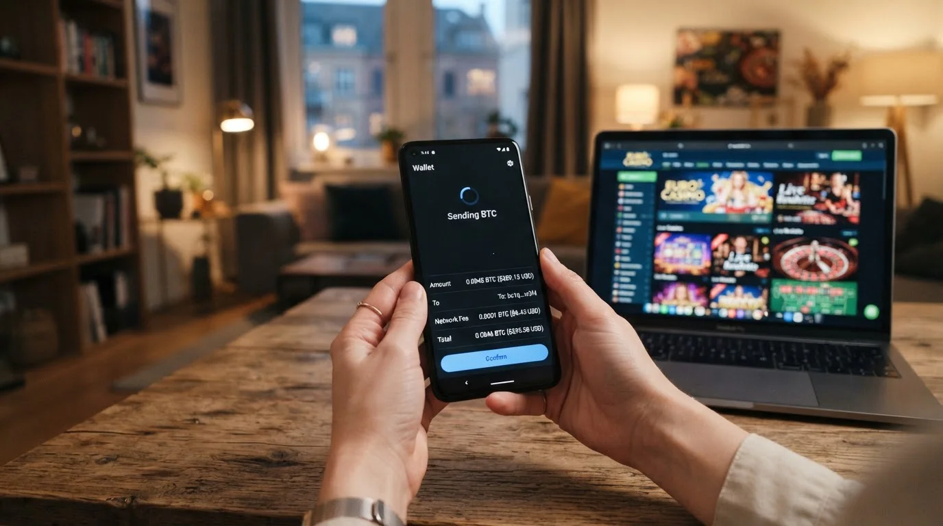 Ruce držící smartphone s otevřenou krypto peněženkou ukazující transakci v Bitcoinu, na pozadí rozmazaný notebook s casino interface