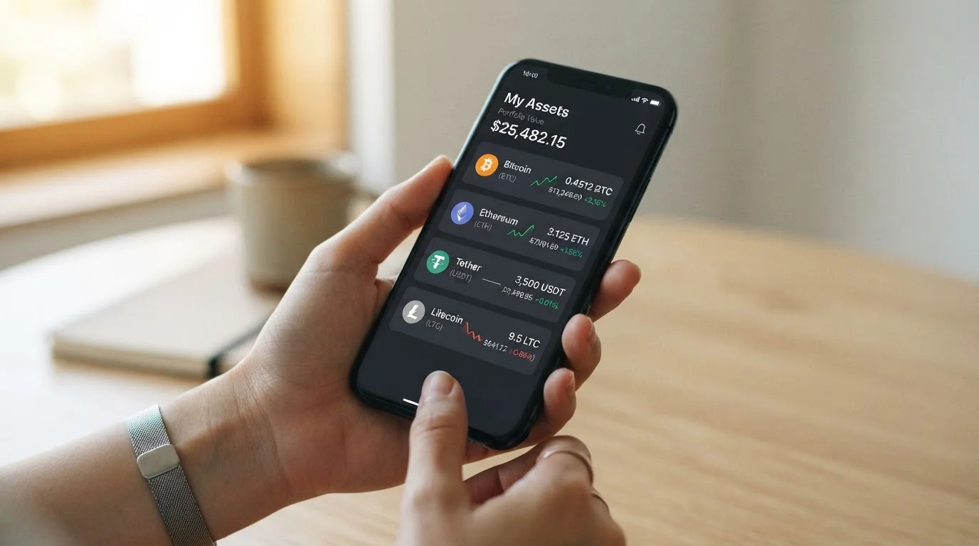Smartphone zobrazující různé kryptoměnové platební možnosti v casino aplikaci