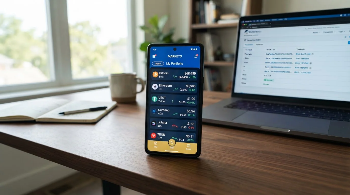 Smartphone zobrazující různé kryptoměnové symboly a blockchain transakci