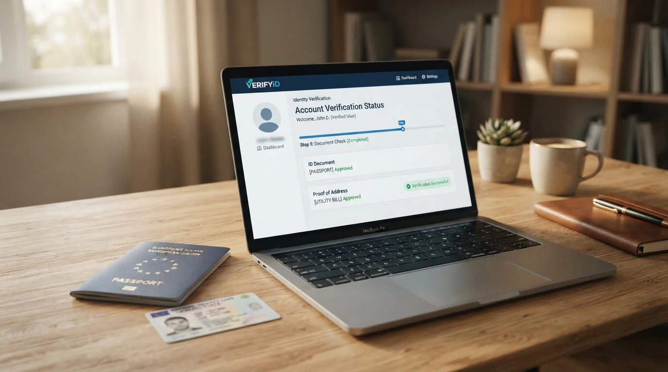 Dokument s KYC požadavky a pas vedle notebooku s casino rozhraním