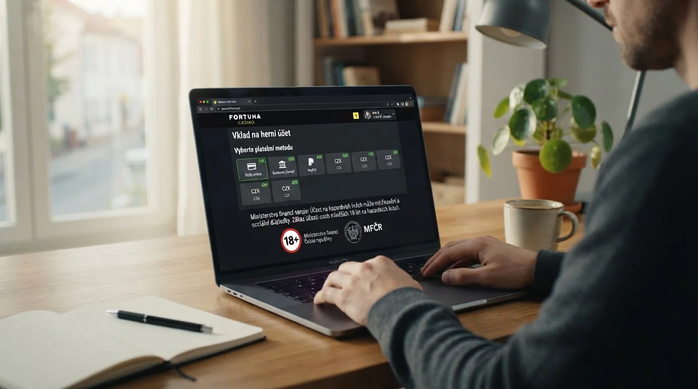 Moderní rozhraní českého licencovaného online casina s viditelným logem MFČR a upozorněním 18+, displej ukazující vklad v korunách