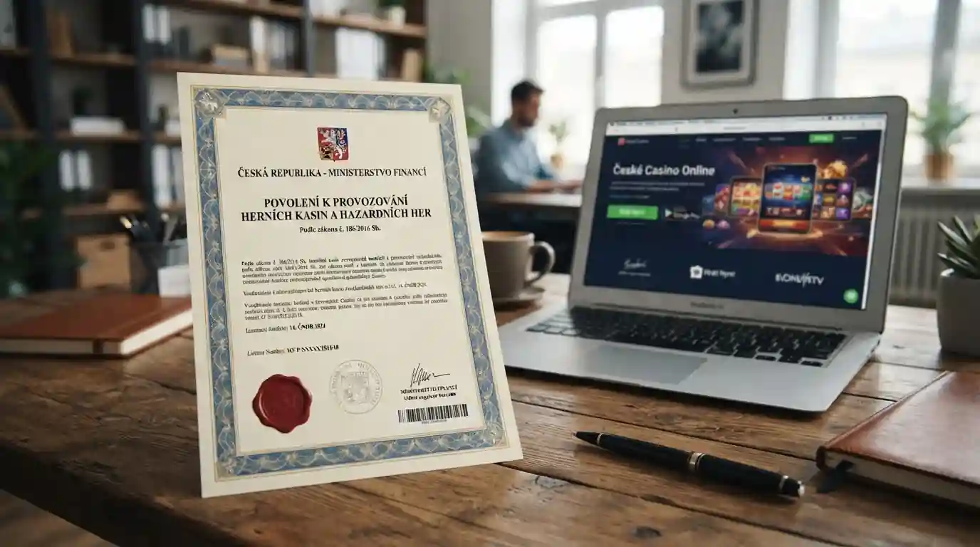 Oficiální certifikát licence Ministerstva financí ČR s pečetí a herním automatem na pozadí