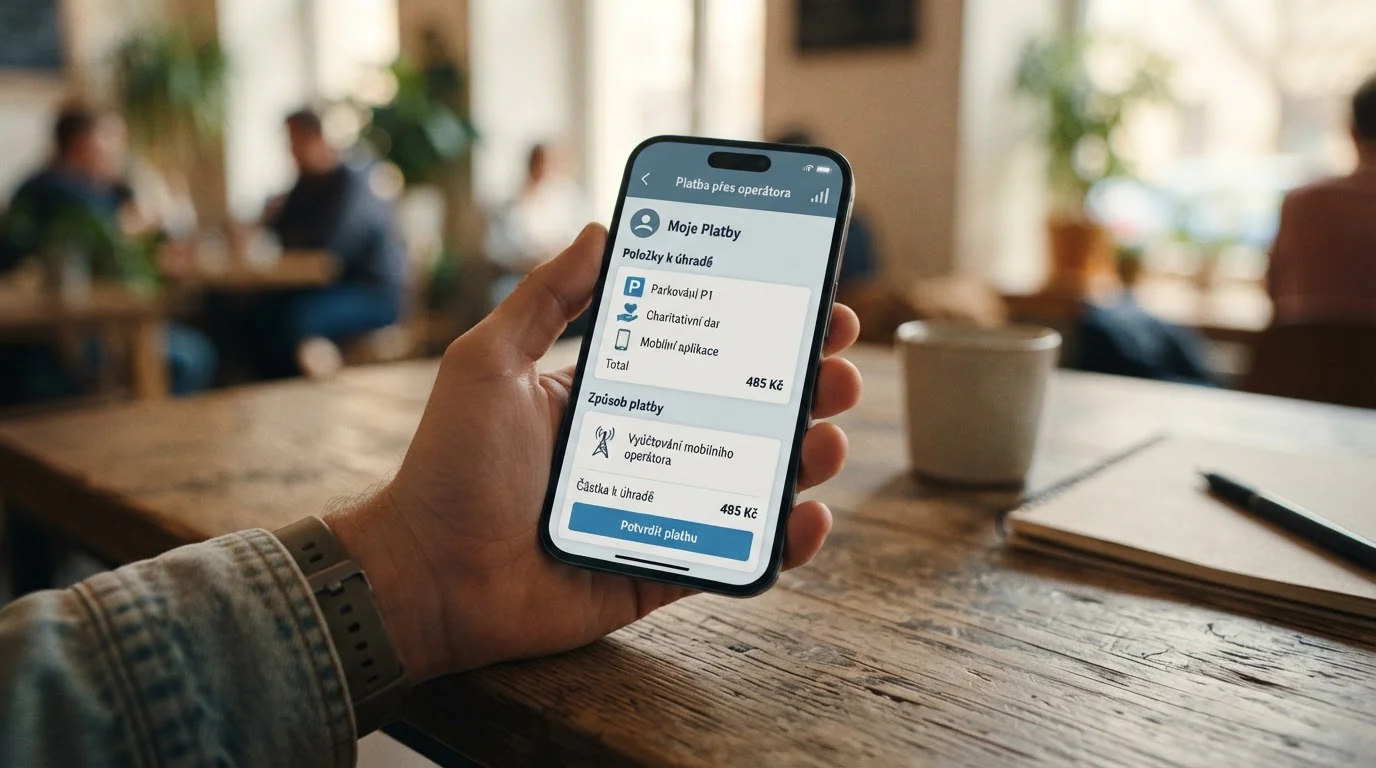 Stylizovaná ilustrace mobilního telefonu s T-Mobile rozhraním ukazující carrier billing proces s ikonami e-commerce plateb bez skutečných log nebo bankovek