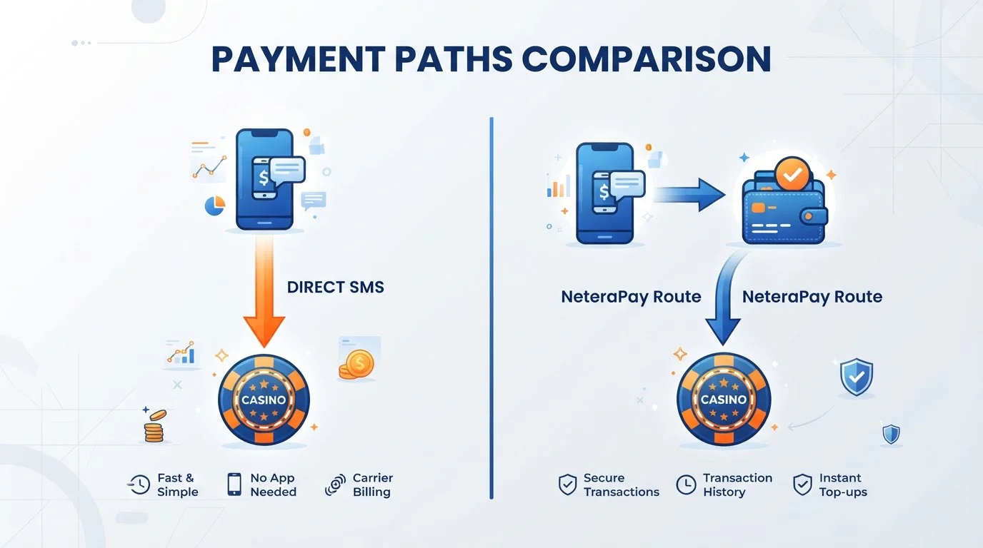 Srovnávací diagram znázorňující dvě cesty platby – přímá SMS šipka z telefonu do casina versus NeteraPay cesta přes peněženku
