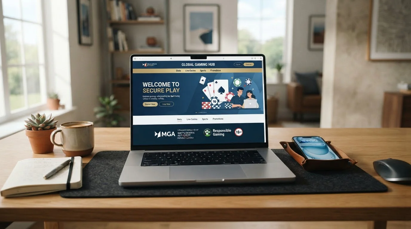 Notebook zobrazující mezinárodní online casino s maltskou licencí MGA