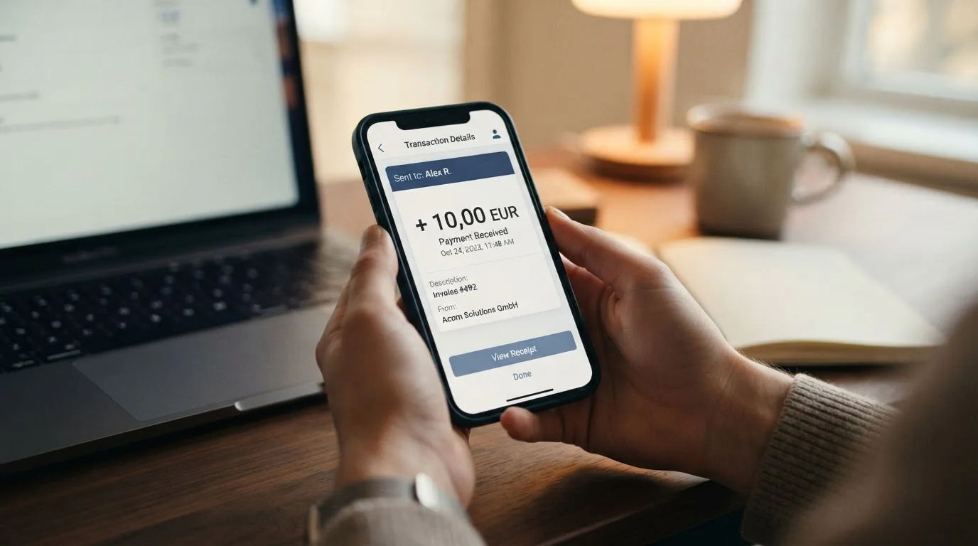 Symbolické znázornění online platební transakce s částkou 10 EUR na obrazovce