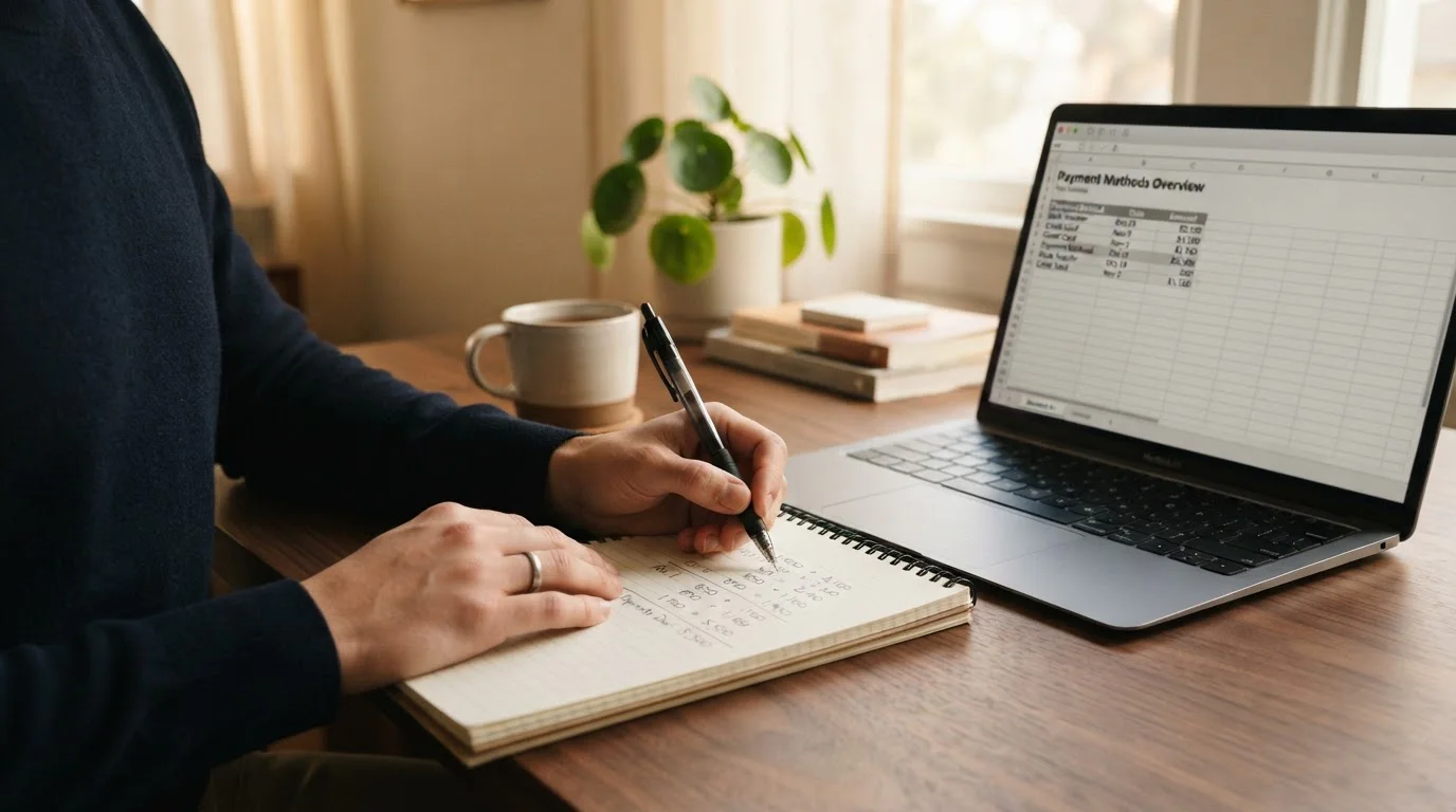 Osoba počítá peníze na kalkulačce u notebooku s otevřenou tabulkou platebních metod