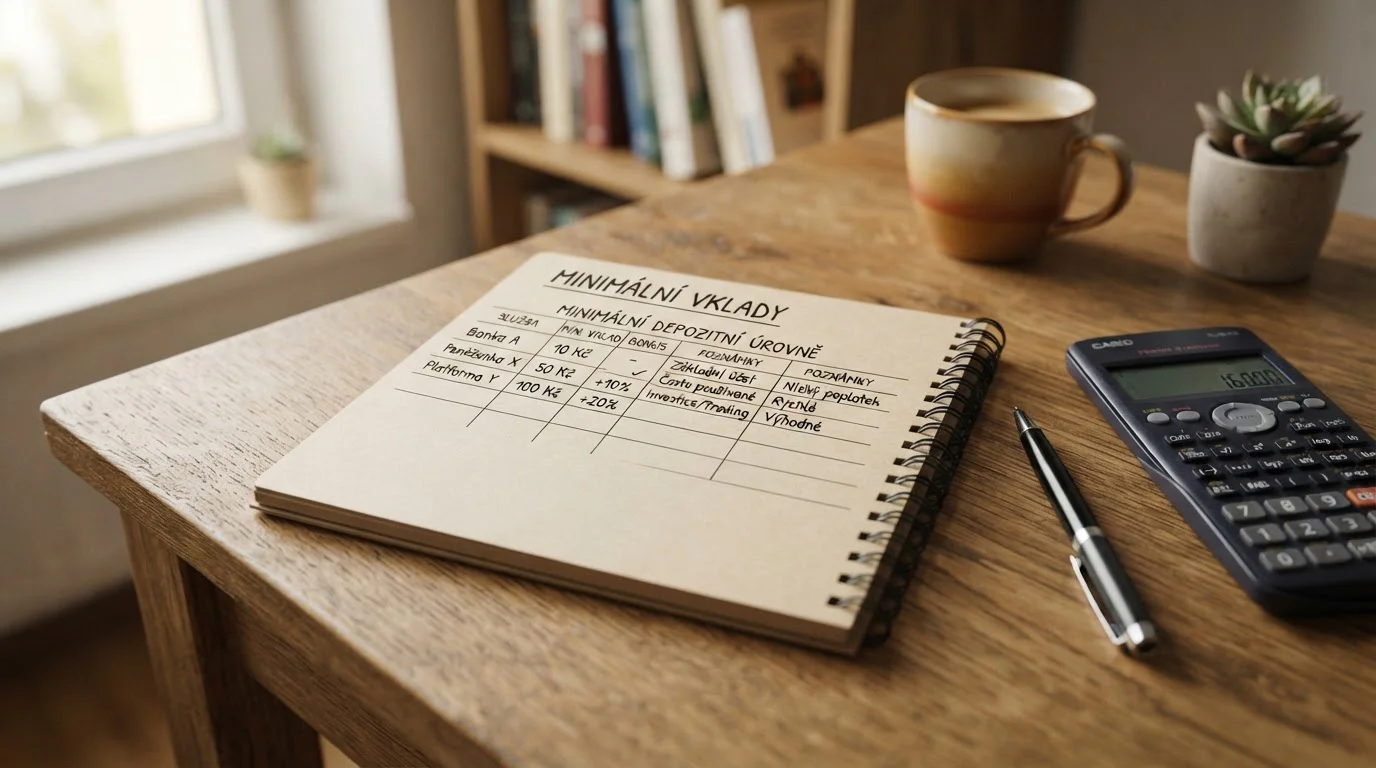 Notebook s tabulkou minimálních vkladů různých online kasin v českých korunách
