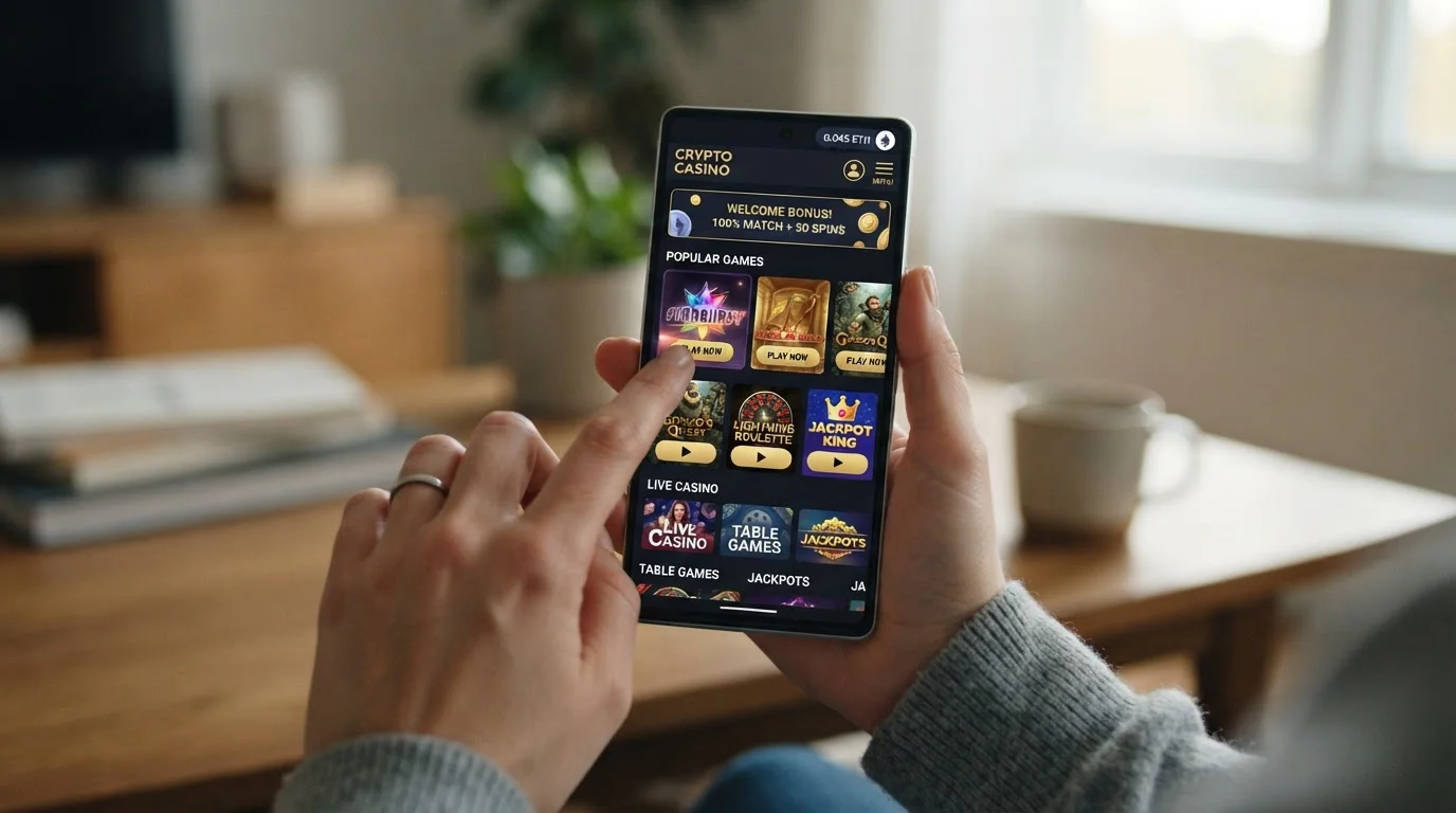 Smartphone zobrazující mobilní ethereum kasino interface s touch controls
