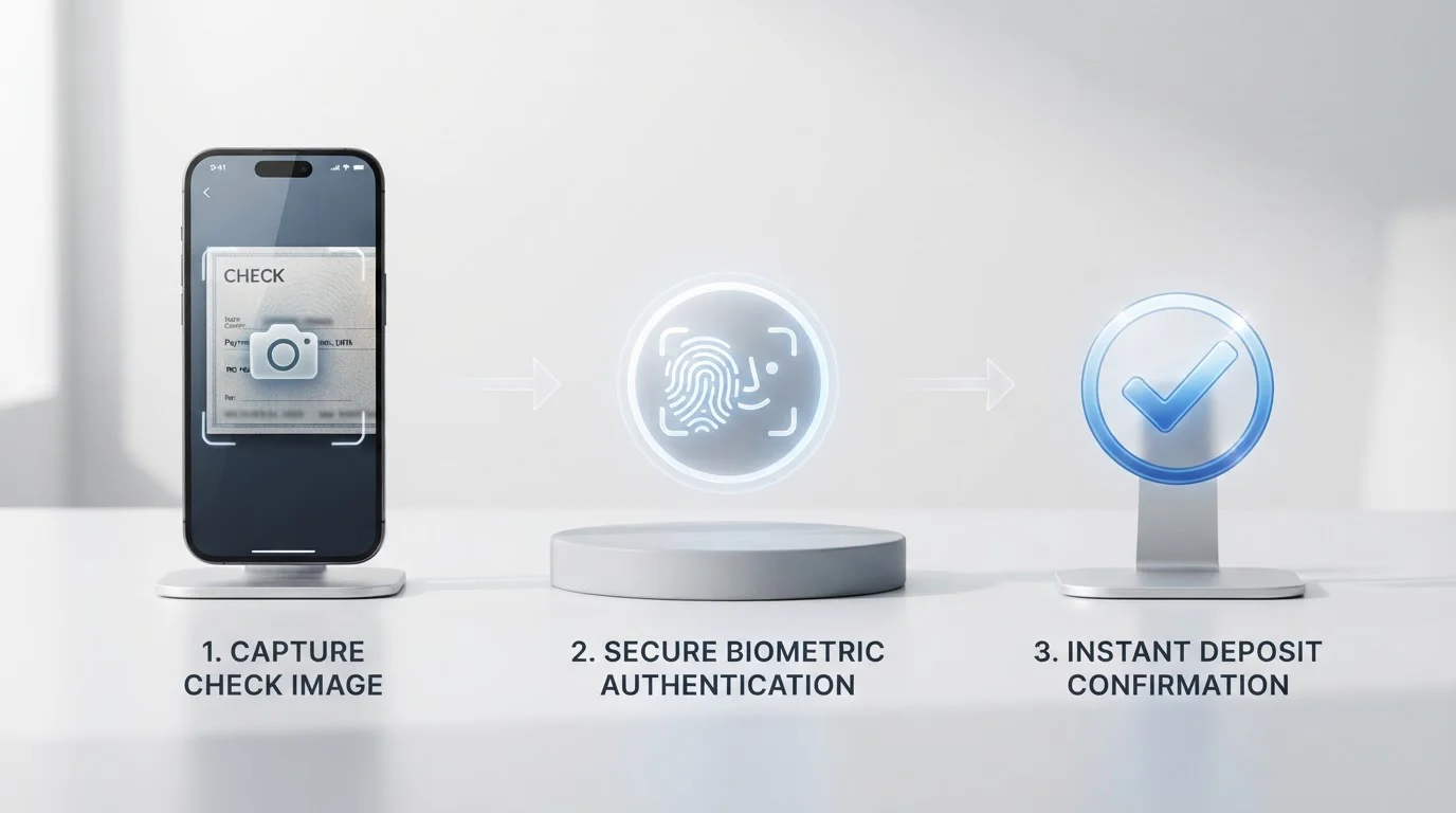 Čistá infografika znázorňující tři kroky mobilního vkladu s ikonami telefonu, biometrické autentizace a potvrzení platby bez zobrazení konkrétních částek nebo značek