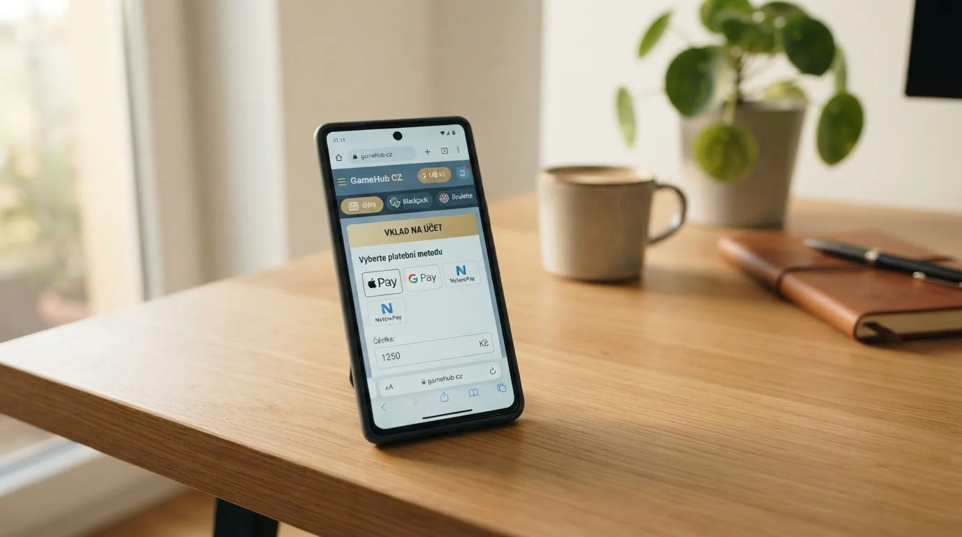 Mobilní telefon s otevřenou casino aplikací zobrazující Apple Pay, Google Pay a NeteraPay jako platební možnosti na obrazovce s českými korunami