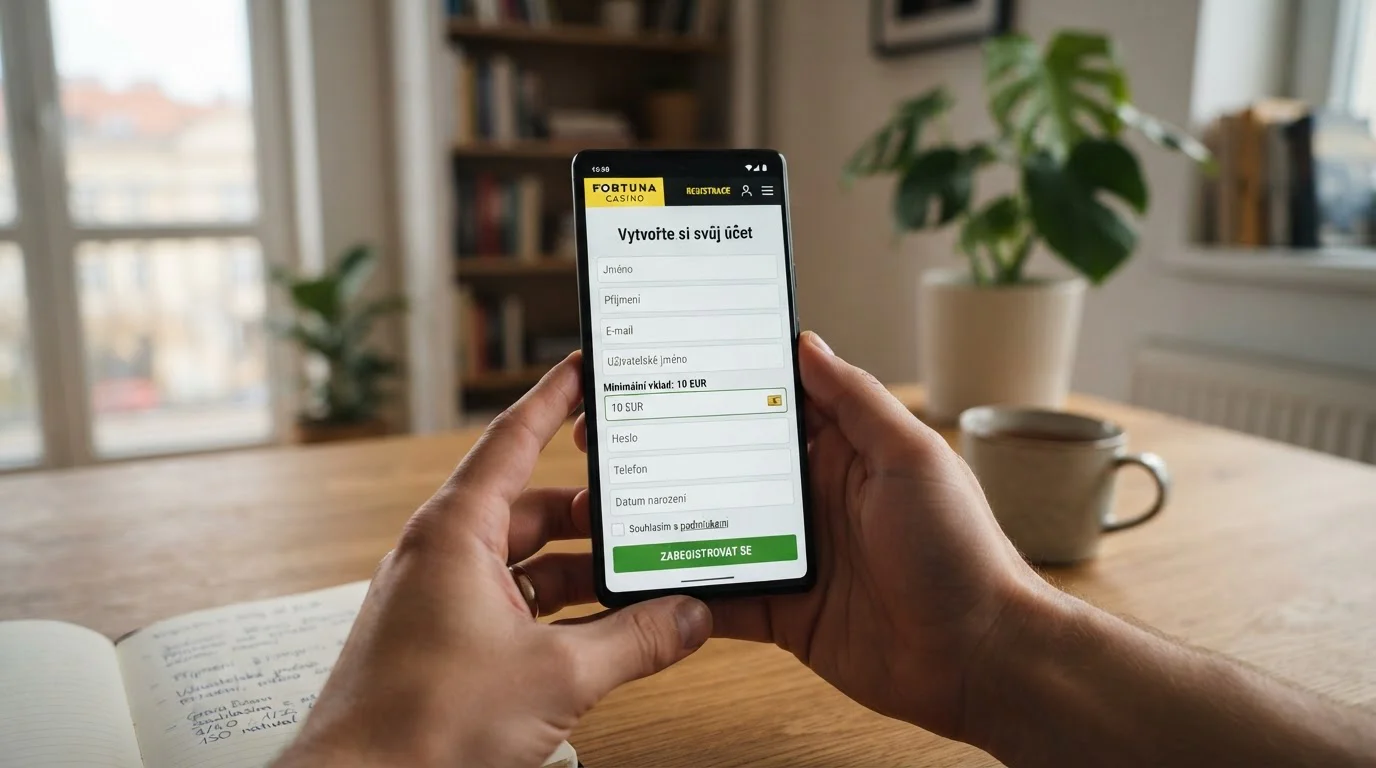 Detailní záběr na obrazovku mobilního telefonu s otevřenou registrační stránkou casina, zobrazující pole pro minimální vklad 10 EUR