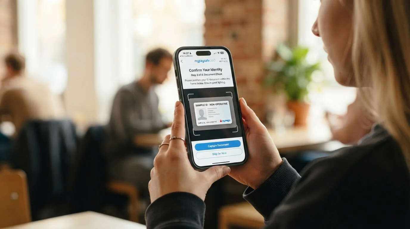 Smartphone s otevřenou myPaysafecard aplikací zobrazující proces ověření účtu