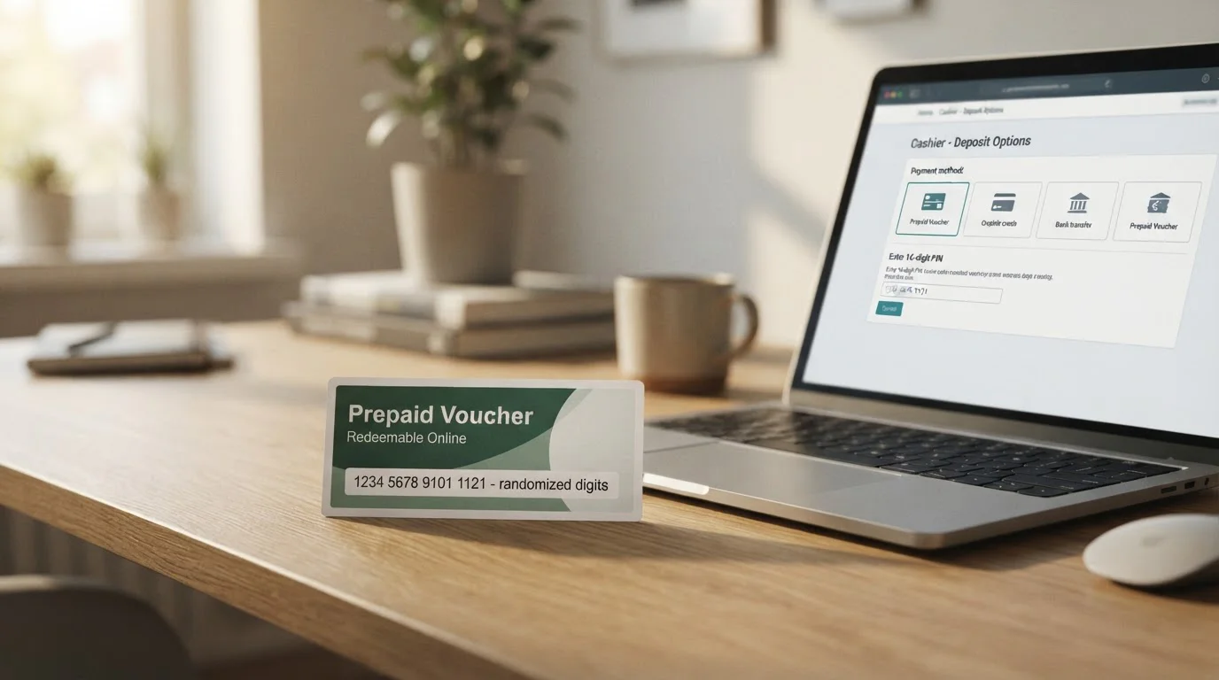 Paysafecard voucher a notebook s online kasinem na obrazovce