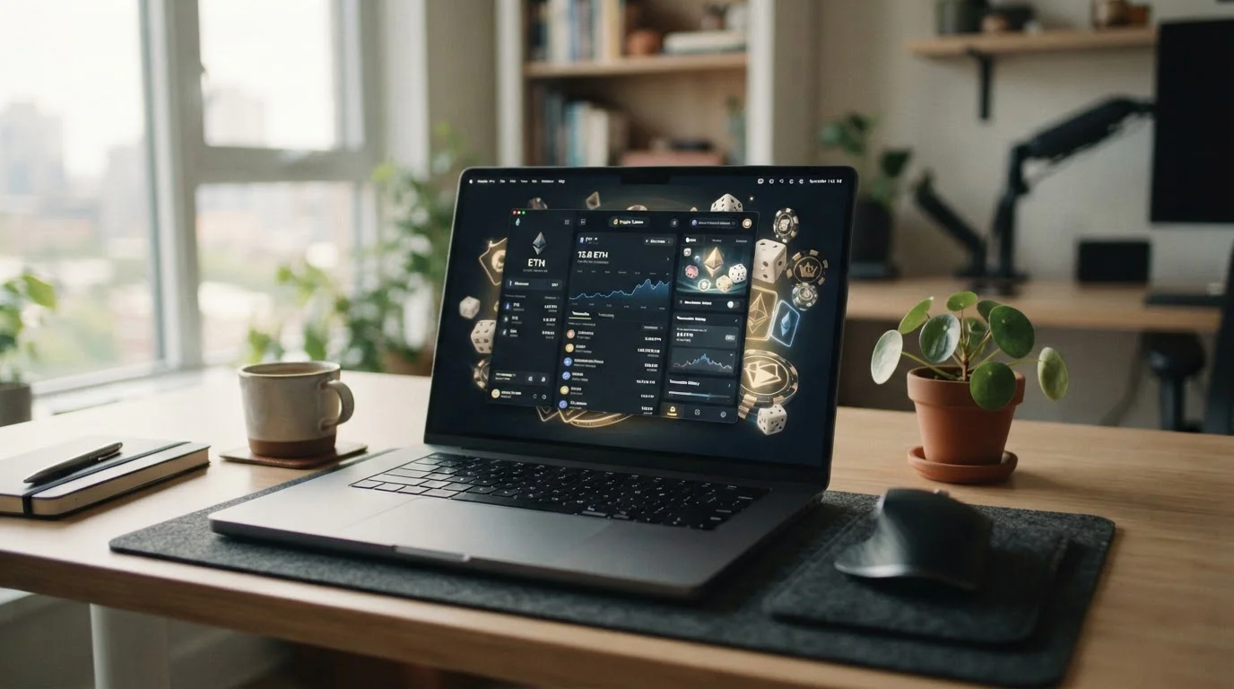 Notebook s otevřenou ethereum peněženkou a symboly krypto kasina na obrazovce