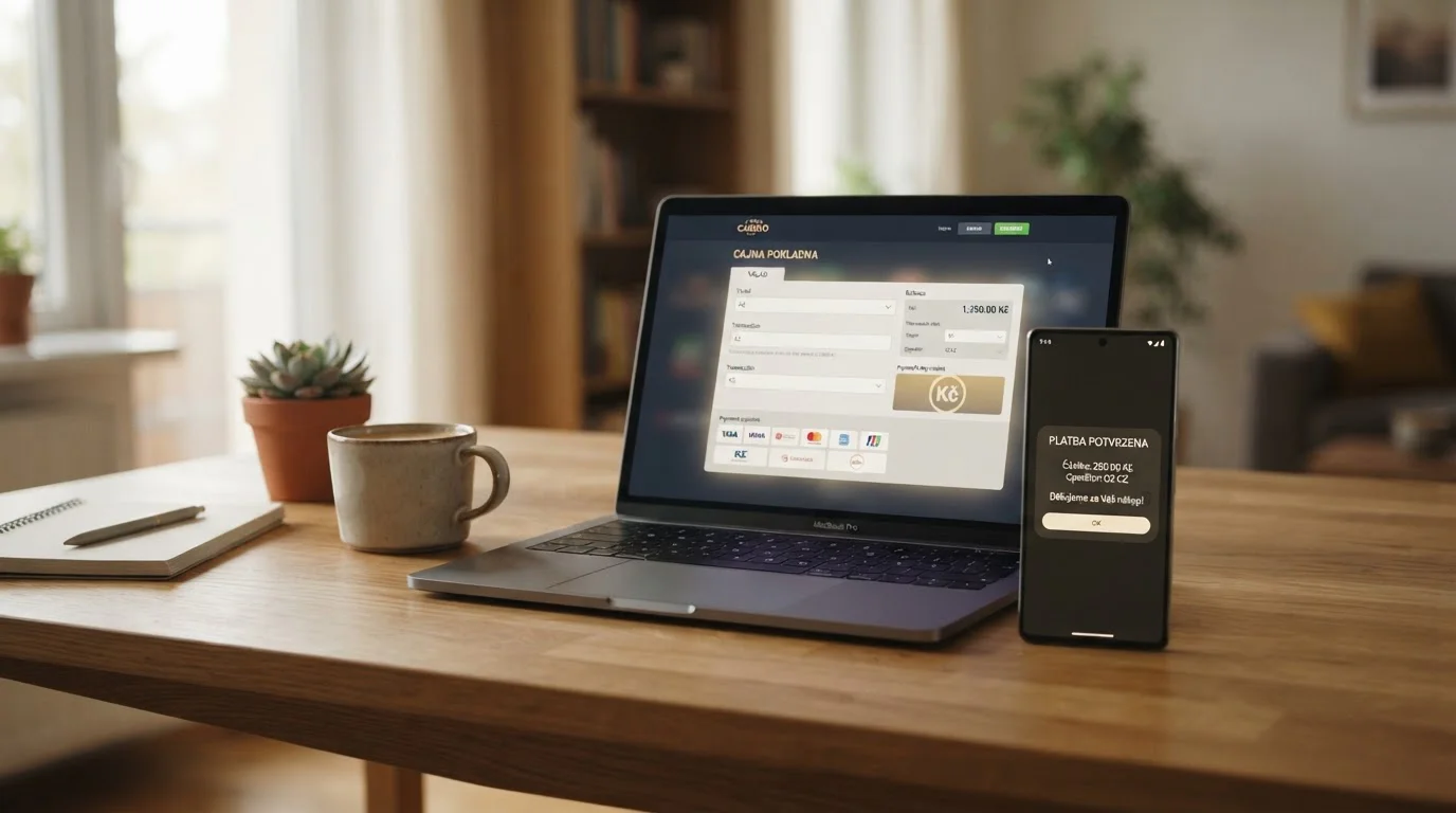 Chytrý telefon s otevřenou aplikací českého online kasina a m-platba tlačítkem vedle notebooku s otevřenou pokladnou operátora