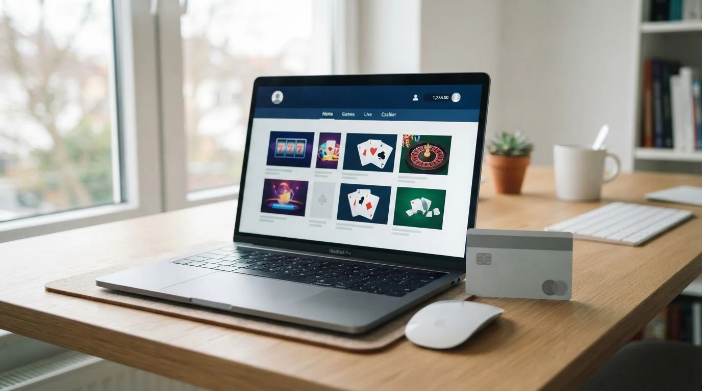 Moderní kancelář s laptopem zobrazujícím online kasino a platební kartu na stole